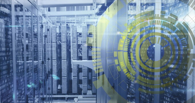 Central server racks glowing in data center aisle, with servers, cable trays and digital overlay - Powered by Adobe