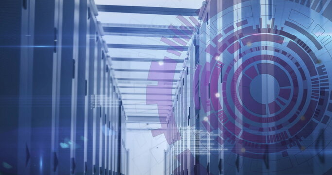 Displaying server aisle with LEDs and cable trays in data center corridor, with interface overlay - Powered by Adobe