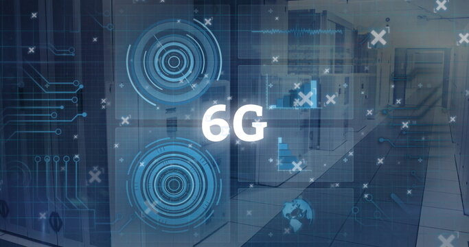 Displaying translucent blue HUD circles hovering over data center with circuit traces and 6G text