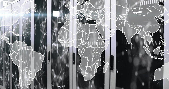 Showing server cabinets housing network servers in data center, with digital map overlay