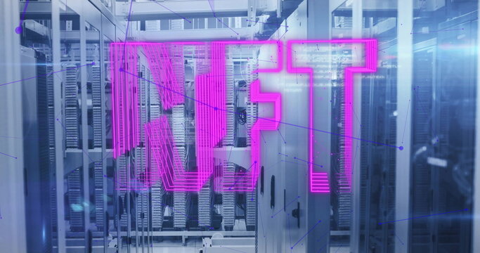 Neon-pink holographic NFT letters floating in server room, with racks, network cables, LEDs