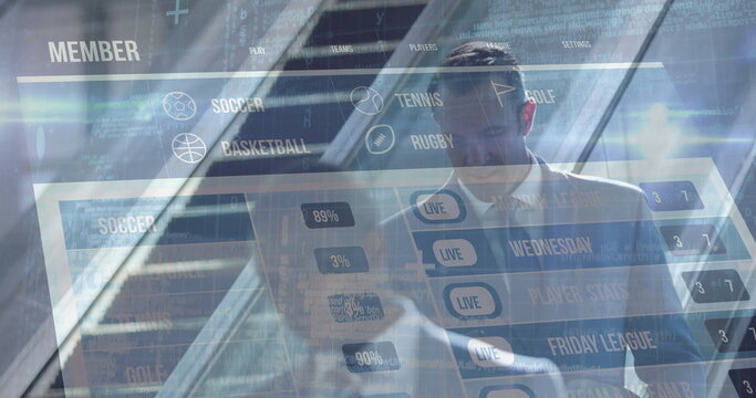 Suit-clad businessman interacting with AR dashboard in glass office, with icons, percentage bars