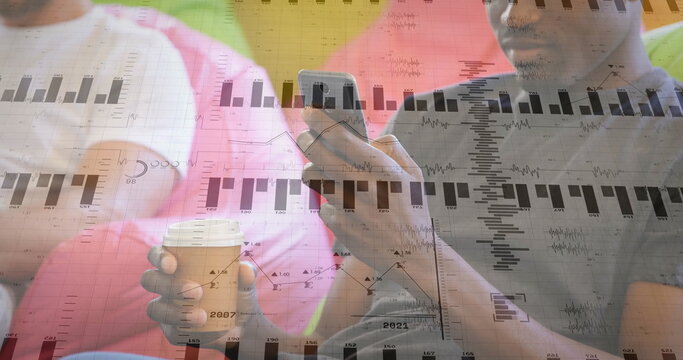 Two colleagues analyzing data in lounge, sipping coffee and scrolling phone with analytics overlays