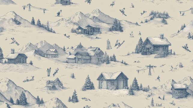 Winter mountain landscape pattern featuring skiing, snowboarding, wooden chalets, snow capped peaks in repeating design