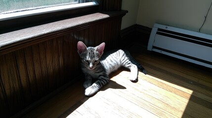 Curious striped kitten lounging in sunlit room with wooden floor and cozy atmosphere, enjoying warm sunlight