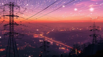 Electric poles on sunset background with digital symbols, useful for topics related to technology and energy.