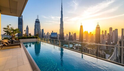 Rooftop infinity pool overlooking a modern city skyline at sunset