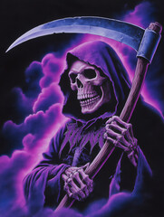 Grim reaper holding a large scythe with glowing purple clouds and dark ominous background, symbolizing death and mystery in a dramatic style.