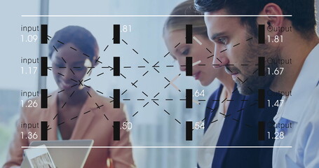 Collaborating three analysts in suits examining network diagram overlay in office, with tablet PC