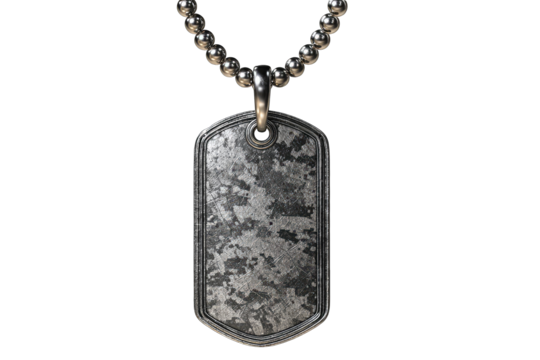 Gray metal dog tag pendant on beaded chain