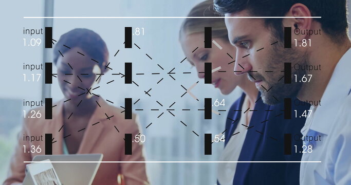 Collaborating three analysts in suits examining network diagram overlay in office, with tablet PC