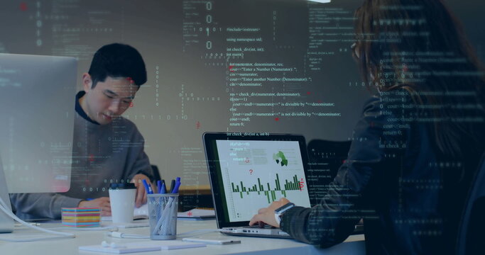 Collaborating colleagues writing notes and typing on laptop in meeting room, with sticky notes