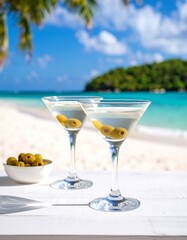 Two martinis on a beach, garnished with olives