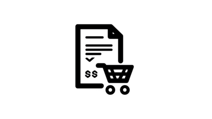 Receipt with shopping cart and total, black filled icon, white background,