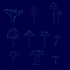 Geometric wireframe mushrooms arranged symmetrically on a dark blue background, forming an abstract and visually balanced composition. The clean lines and structured design create a modern digital.