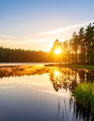 Serene sunrise over calm lake, trees silhouetted against the golden light, reflecting in still water