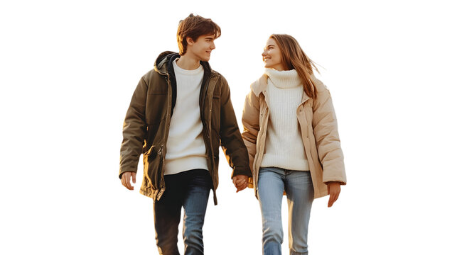 A young couple holding hands and walking together wearing winter coats and jeans looking at each other - Powered by Adobe
