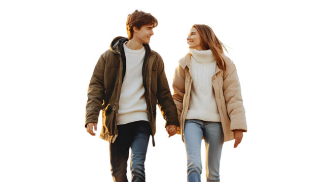A young couple holding hands and walking together wearing winter coats and jeans looking at each other