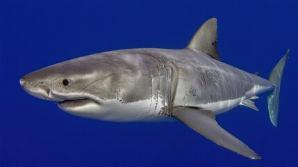 Obraz premium Majestic Great White Shark Swimming Gracefully in Clear Blue Ocean Water