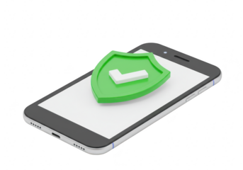 Green shield with a checkmark symbol on a smartphone screen, representing mobile security and data protection, isolated on transparent background