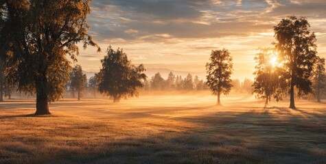 Misty sunrise over a field with trees