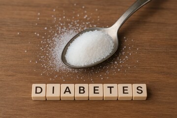 Spoonful of Sugar Next to "Diabetes" Blocks Showcases risks associated with refined sugars and the need for health consciousness about blood sugar levels.