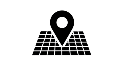 Navigation map grid icon with pin, black silhouette on white,