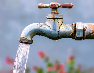 Rusted outdoor faucet with water flowing