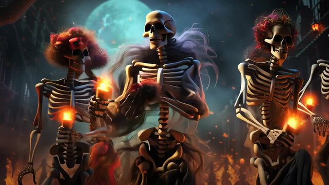 Skeletons dance with enthusiasm under pulsating lights in a lively disco club. The atmosphere is electric, filled with fiery ambiance. Concept of nightlife, Halloween celebration, entertainment