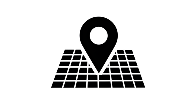 Navigation map grid icon with pin, black silhouette on white, - Powered by Adobe
