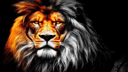 Obraz premium Majestic Lion Portrait with Striking Details on Fur and Intense Gaze against Black Background