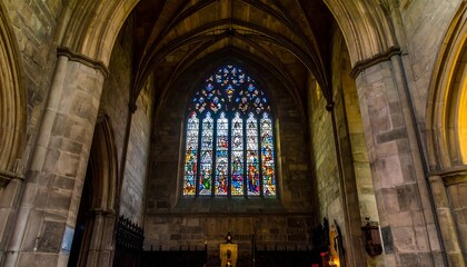 Gothic church interior with stained glass