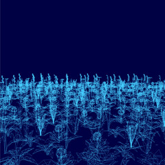 Vibrant blue plants stand out against a deep navy background in a field of tall grass. The wireframe-like details of the foliage create a striking contrast with the soft natural surroundings.