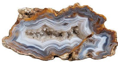 Polished agate slice with intricate banding and crystal cavity