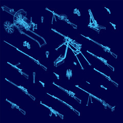 Blueprint of a machine gun with detailed wireframe design, featuring barrel, muzzle, and handle on a solid blue background. The intricate components contrast sharply against the clean backdrop.