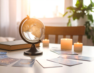 Spiritual divination scene featuring a glass globe and tarot cards illuminated by glowing candles and warm sunlight.