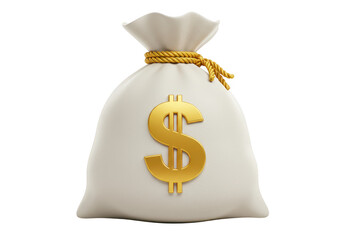 A white money bag with a large golden dollar sign on it, isolated on transparent background
