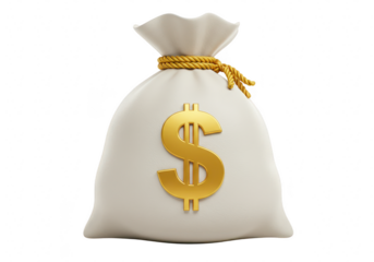 A white money bag with a large golden dollar sign on it, isolated on transparent background