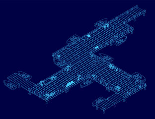 A detailed blueprint of a wooden building with docks, featuring precise contour lines and structural elements on a blue background, highlighting design annotations and technical specifications.
