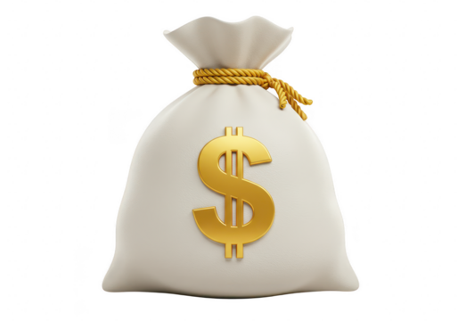 A white money bag with a large golden dollar sign on it, isolated on transparent background