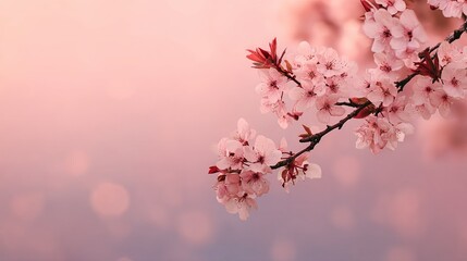 Obraz premium A delicate branch of pink cherry blossoms against a soft pastel background, exuding tranquility and beauty.