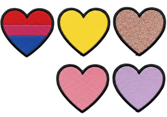 Collection of five embroidered heart patches with different colors and textures, including a bisexual pride flag heart, isolated on transparent background