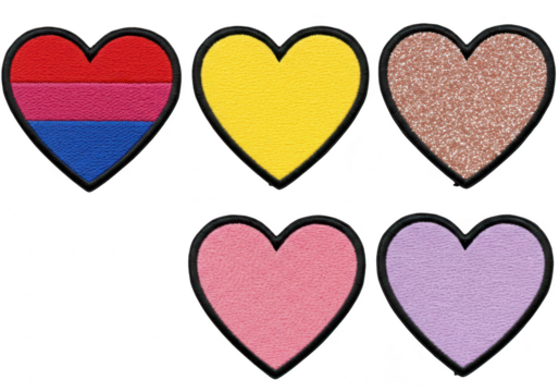 Collection of five embroidered heart patches with different colors and textures, including a bisexual pride flag heart, isolated on transparent background