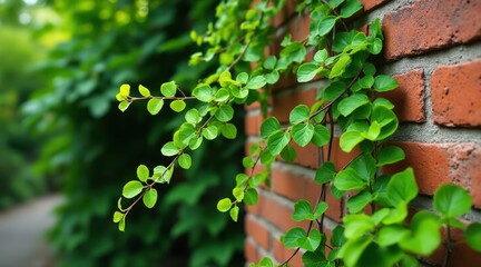 Green vine growing on a textured red brick wall with soft focus background