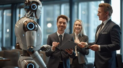 A humanoid robot engaging with three professionals in a modern office setting, participating in a business discussion, with the robot holding a tablet. Concept of AI collaboration in the corporate wor - Powered by Adobe