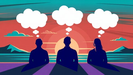 Obraz premium Silhouetted People Watching Sunset Over Mountains with Clouds and Ocean Scene