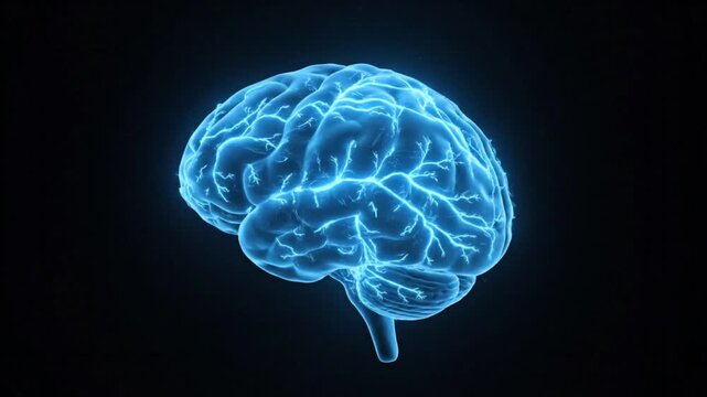 Bright blue glowing brain suitable for medical, science, technology, and mental health concepts. Perfect for web banners and presentations.