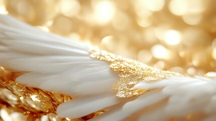 Delicate white feather with golden glitter sparkles on soft bokeh background creates luxurious and elegant composition for festive designs and holiday decorations.