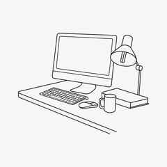 Fototapeta premium Office workspace, computer desktop line art illustration