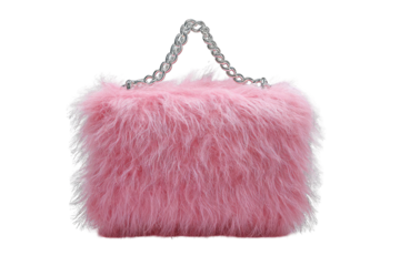 Pink faux fur tote bag with clear chain